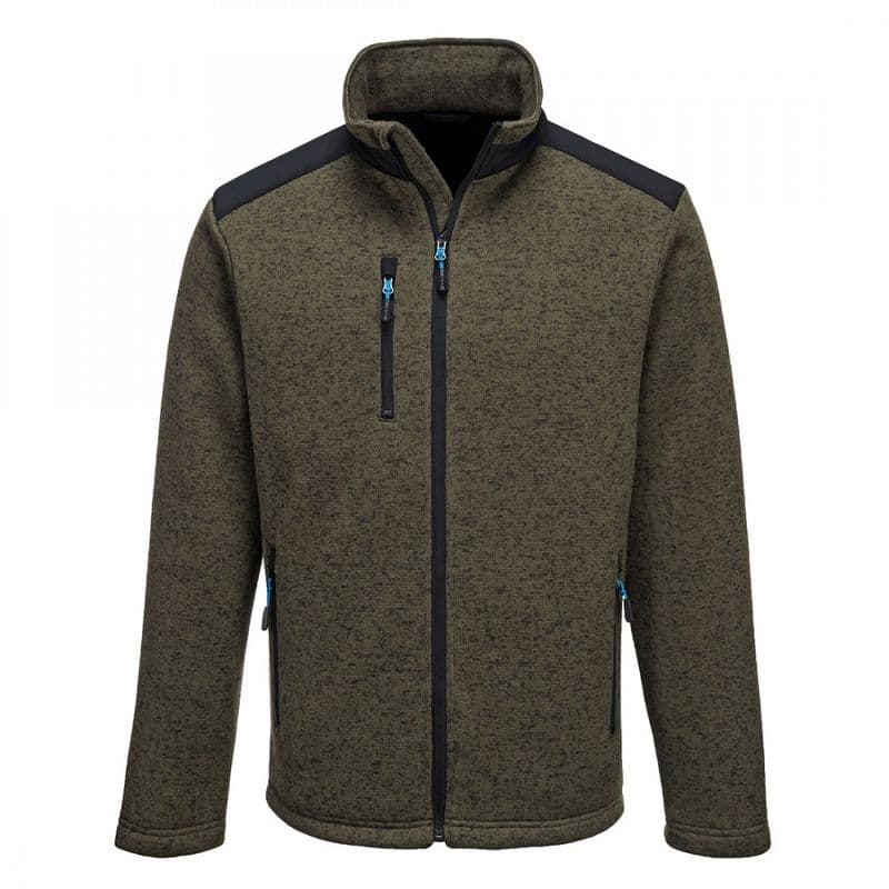 Olive green Portwest KX3 Performance Fleece in XXL, featuring a zippered chest pocket, black shoulder panels, and contrasting blue zipper details.