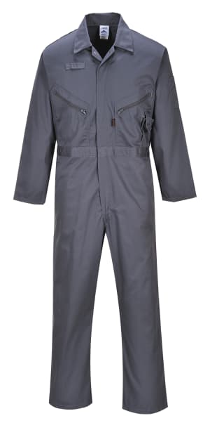 Graphite grey Portwest Liverpool Zip Coverall in size 2XL, featuring long sleeves, a zip front, multiple pockets, and a durable fabric design for workwear.