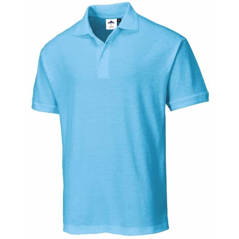 Light blue Portwest Naples polo shirt in size M, featuring a classic collar, short sleeves, and a soft fabric, ideal for casual wear.