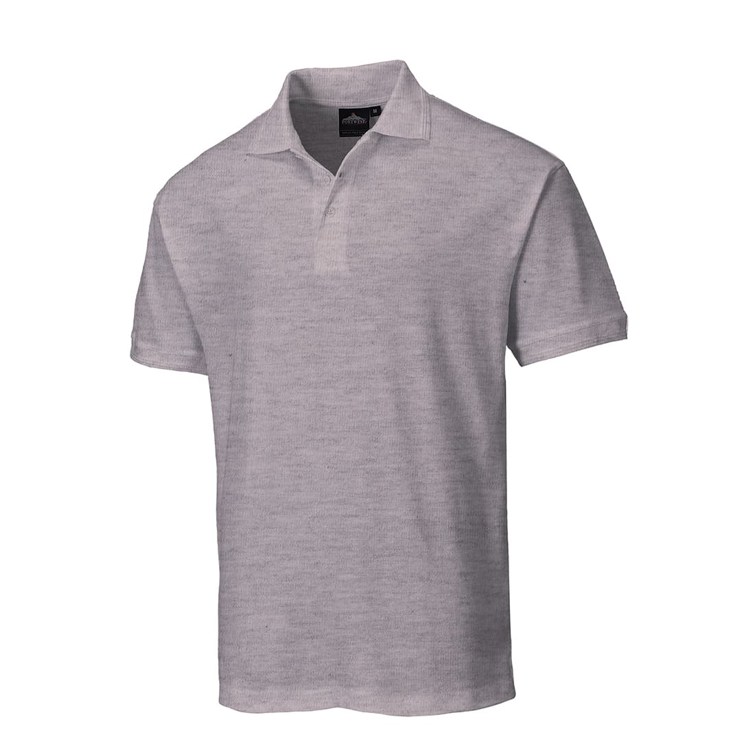 Light heather gray short-sleeve polo shirt made of breathable material, featuring a classic collar and a relaxed fit, ideal for casual or work settings.