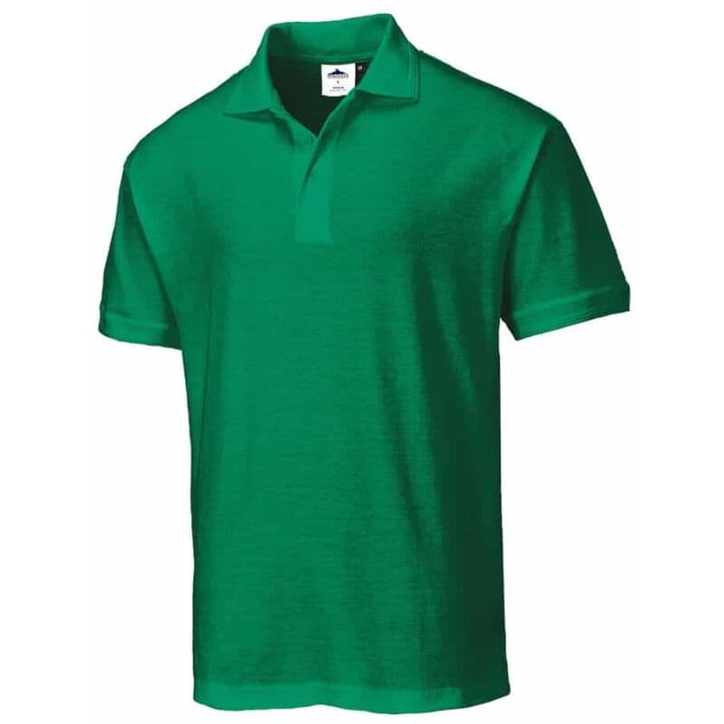 Kelly green Portwest Naples polo shirt in size small, featuring a classic collar and short sleeves, made from breathable material for comfort.