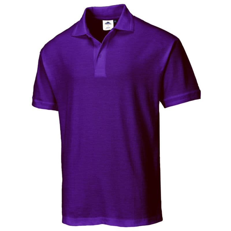 Purple Portwest Naples Polo Shirt in size S, featuring a classic collar, short sleeves, and a soft fabric texture.