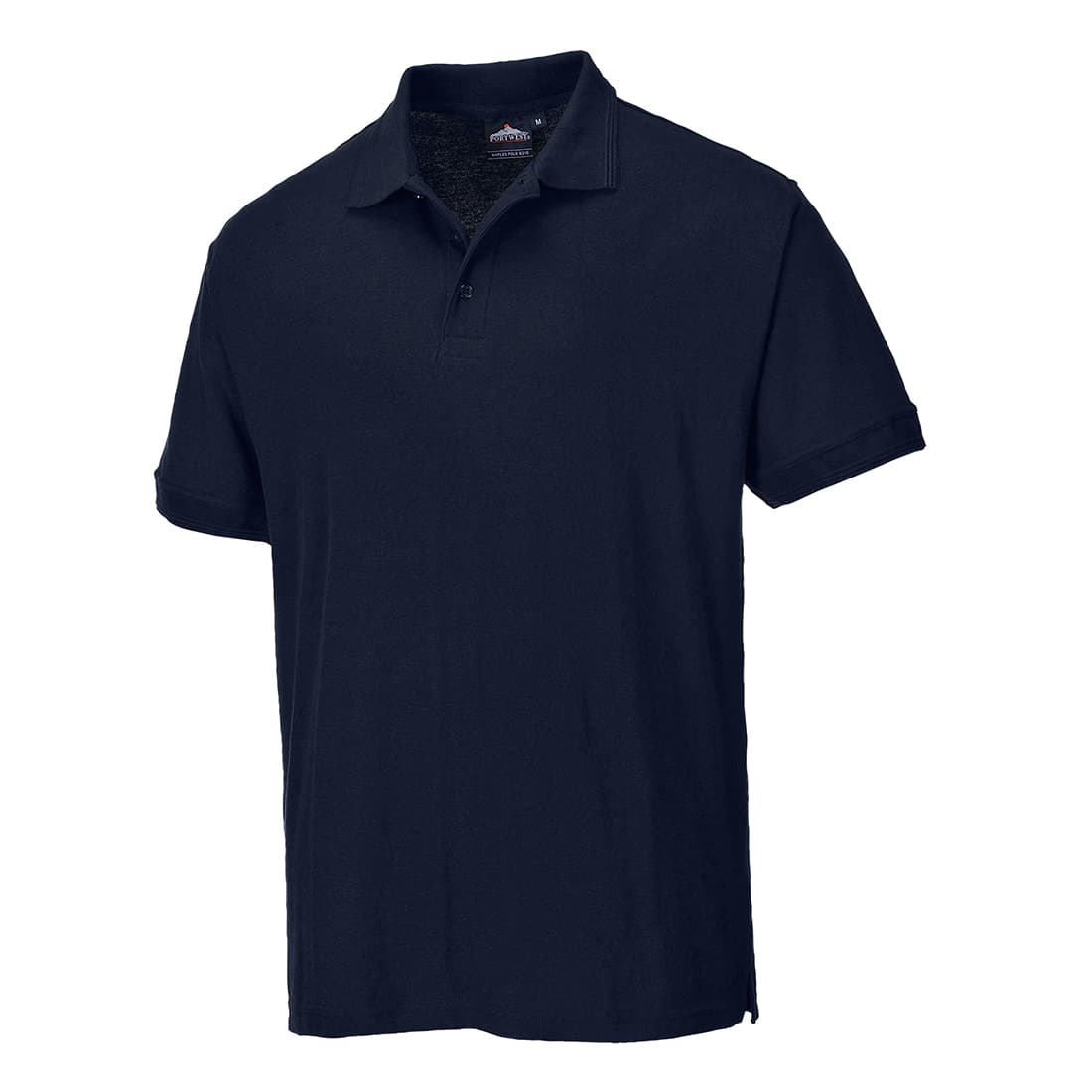 Dark navy short-sleeve polo shirt made of breathable material, featuring a classic collar, three-button placket, and a relaxed fit, size XL by Portwest.