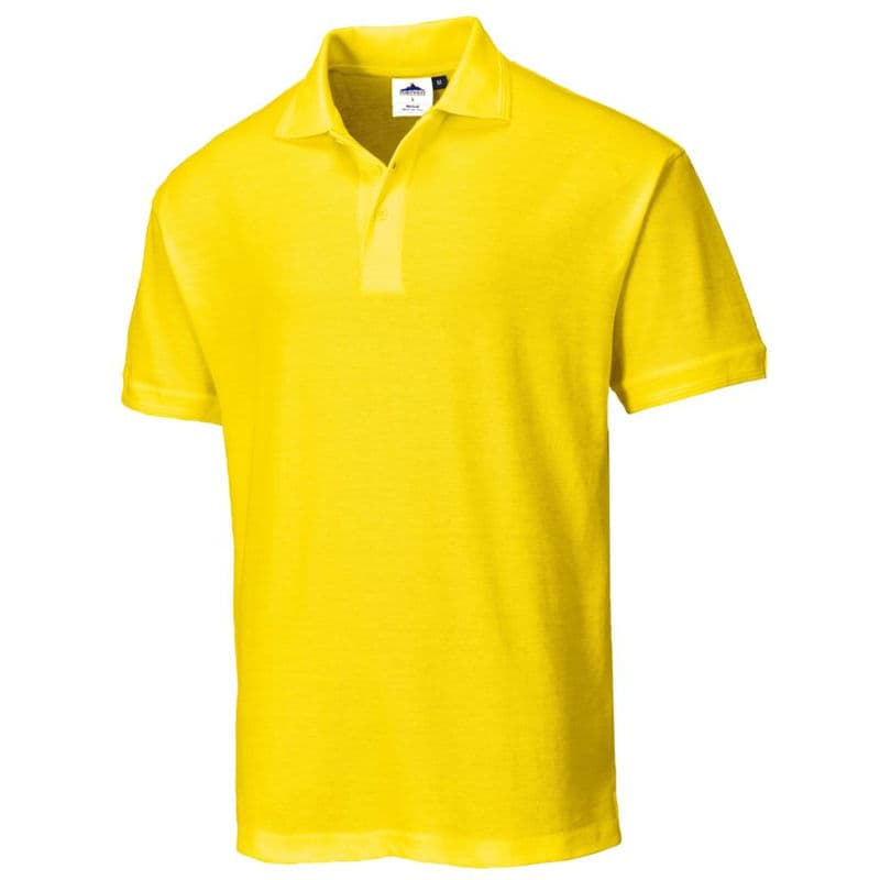 Bright yellow Portwest Naples Polo Shirt in size XL, featuring a classic collar, short sleeves, and a soft, breathable fabric ideal for casual wear.