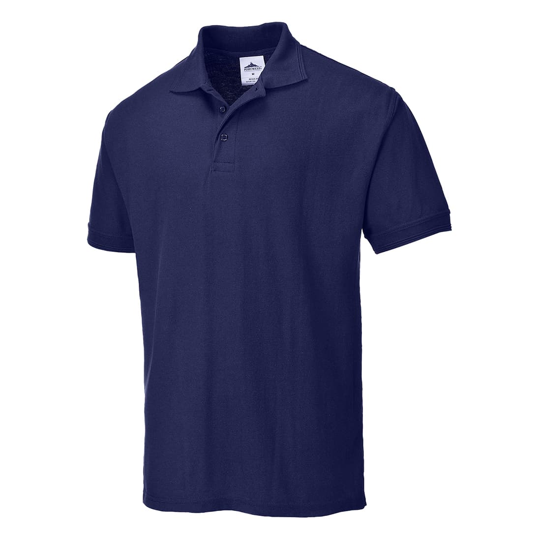 Navy blue Portwest Naples polo shirt in size XS, featuring a classic collar, short sleeves, and a three-button placket made from soft, breathable material.