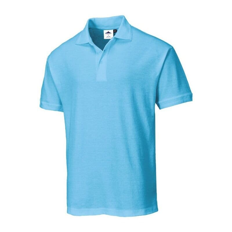 Light blue Portwest Naples polo shirt in XXL size, featuring a classic collar and short sleeves, made from soft, breathable material.