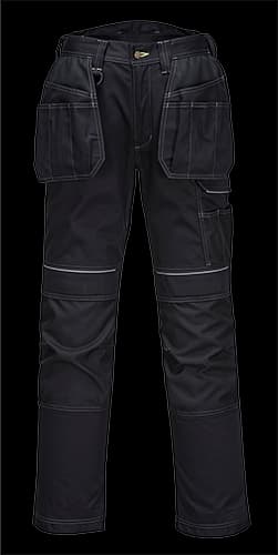 Black Portwest PW3 men's holster work trousers featuring multiple pockets, reinforced knee panels, and contrasting stitching, designed for durability and functionality.