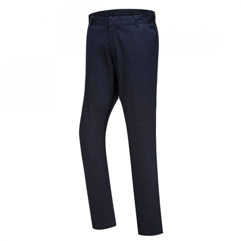 Dark navy stretch slim chino trousers by Portwest, featuring a sleek design, tailored fit, and made from durable cotton blend material.