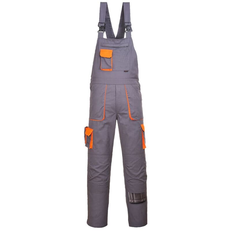 Grey bib and brace overalls with orange contrast stitching and pockets, made from durable material, featuring adjustable straps and a tool pocket on the chest, size 2XL.