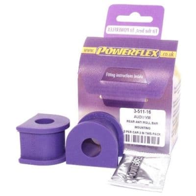 Purple anti-roll bar bushes in a pack of two, designed for 16mm bars, displayed in a branded Powerflex packaging with fitting instructions included.