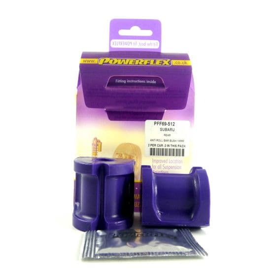 Purple anti-roll bar bushes, designed for 16mm bars, packaged in a purple box with fitting instructions, featuring two bushes for improved suspension location.