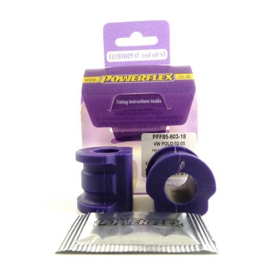 Purple anti-roll bar bushes in a pack of two, featuring a cylindrical shape and a cut-out section, with fitting instructions included in a silver packet.