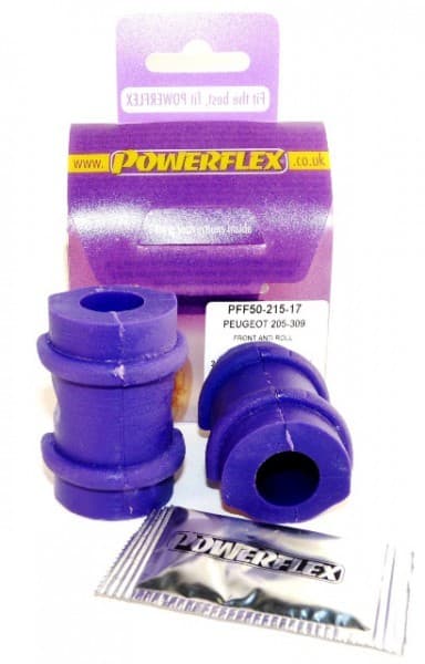 Purple anti-roll bar bushes in a pack of two, made of durable rubber, with a small packet of grease included, labeled for Peugeot 205-309, shown in a branded box.