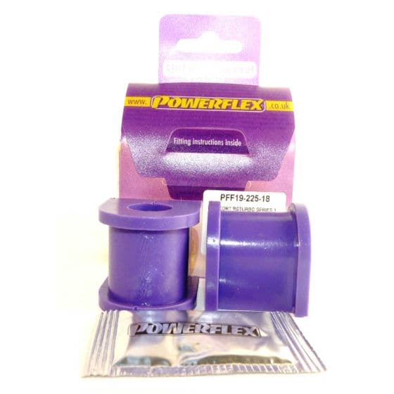 Purple anti-roll bar bushes in a pack of two, made of durable rubber, with a branded box featuring fitting instructions and a silver packet.