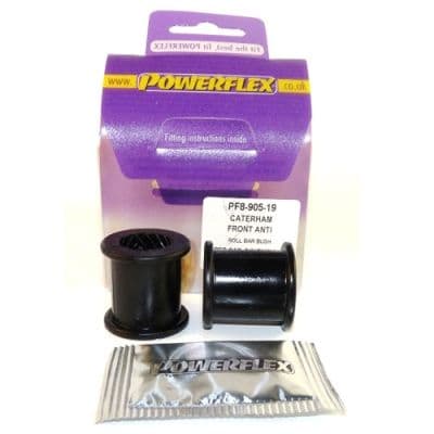 Black rubber anti-roll bar bushes in a pack of two, with a purple and white packaging featuring the Powerflex logo and product details.