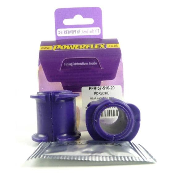 Purple rubber anti-roll bar bushes, designed for 20mm bars, displayed in a packaging with fitting instructions, labeled for Porsche, featuring a clear view of both bushes.