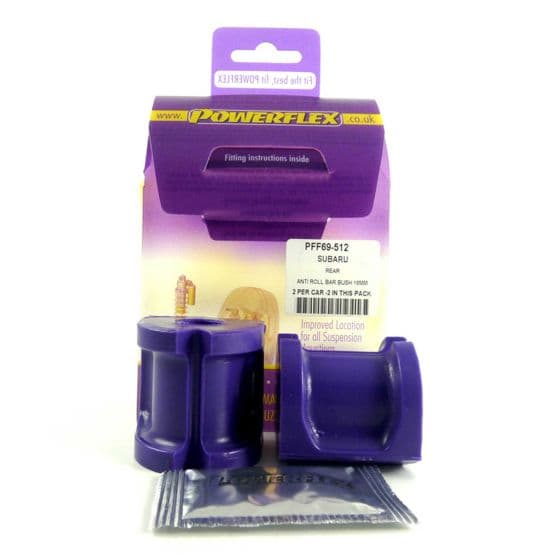 Purple polyurethane anti-roll bar bushes, designed for 20mm bars, packaged in a box with fitting instructions, featuring a clear label and two bushes visible.
