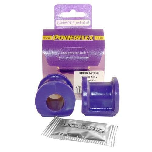 Purple polyurethane anti-roll bar bushes in a pack of two, featuring a unique design and a fitting instructions packet, labeled with Powerflex branding.