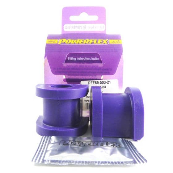 Purple polyurethane anti-roll bar bushes, 21mm, packaged in a purple and white box with fitting instructions, featuring two bushes and a silver packet below.