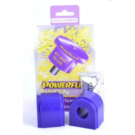 Purple polyurethane front sway bar bushing set by Powerflex, featuring two bushings and a grease packet, packaged with a vibrant yellow and purple background.