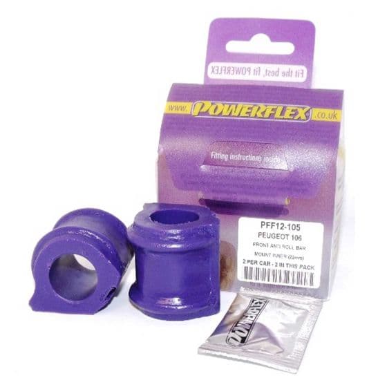 Purple rubber anti-roll bar bushes, designed for 22mm fittings, packaged in a clear box with Powerflex branding and fitting instructions.