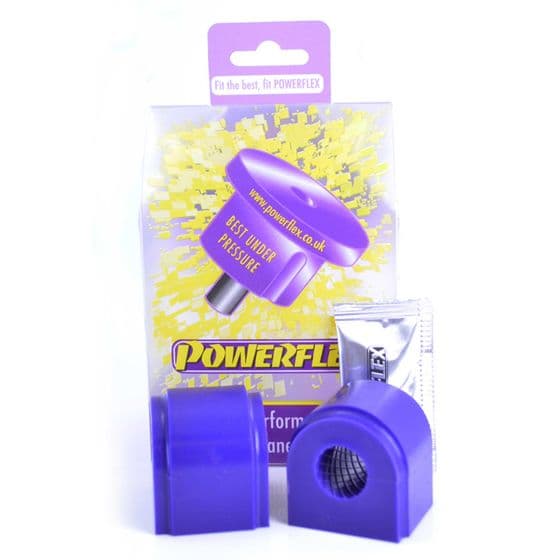 Purple anti-roll bar bushes made of durable rubber, packaged with a tube of grease, featuring a vibrant yellow and purple backing card with "Powerflex" branding.