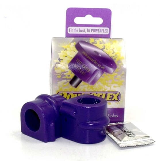 Purple polyurethane anti-roll bar bushes, designed for 25mm bars, with a packaging featuring the Powerflex logo and a small sachet included.