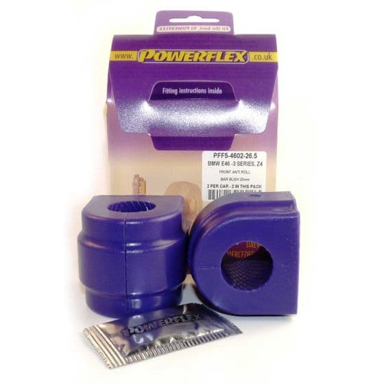 Purple polyurethane anti-roll bar bushes, designed for 26.5mm bars, displayed with packaging and fitting instructions, featuring a distinctive Powerflex logo.