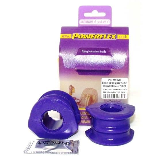 Purple polyurethane anti-roll bar bushes, designed for front suspension, packaged in a Powerflex box with fitting instructions; includes a small sachet of grease.
