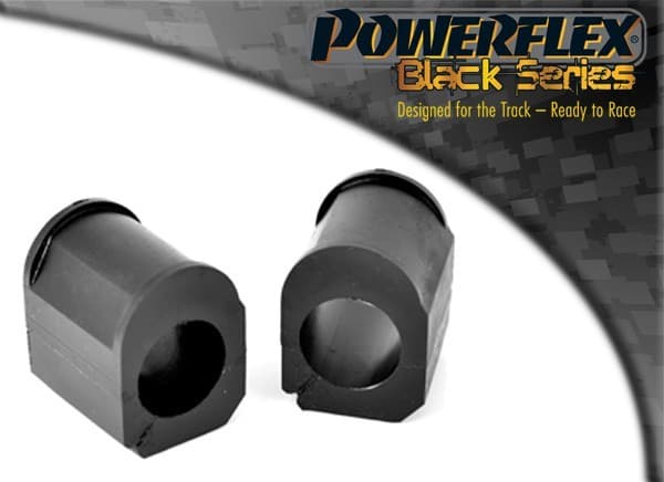 Black rubber anti-roll bar bushes from Powerflex, designed for 25mm bars, featuring a cylindrical shape with a cut-out section for easy installation.