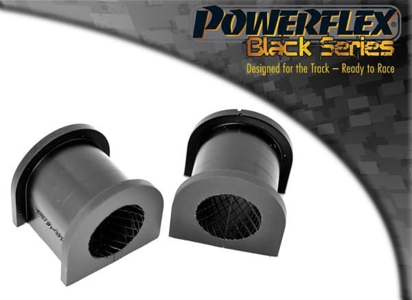Black polyurethane front anti-roll bar bushes, designed for performance, featuring a textured interior and a distinctive half-moon shape, part of Powerflex's Black Series.