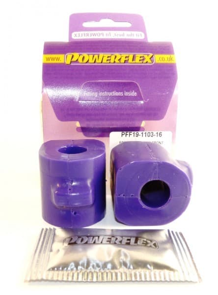 Purple polyurethane front anti-roll bar bushes, featuring a cylindrical shape with a central hole, packaged with fitting instructions and a Powerflex logo.