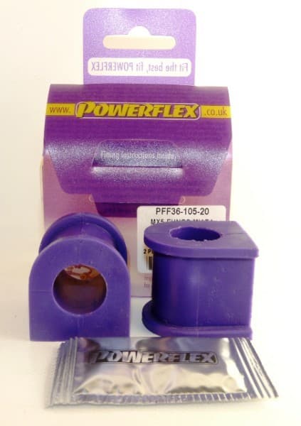 Purple polyurethane front anti-roll bar bushes, 20mm, in a pack of two, with a silver packet of fitting grease, displayed on a purple and white branded backing card.