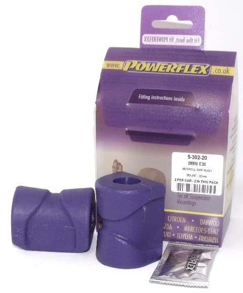 Purple polyurethane front anti-roll bar bushes, designed for 20mm bars, displayed with packaging that includes fitting instructions and compatibility details for various car models.