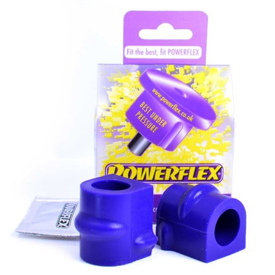 Purple polyurethane anti-roll bar bushes, two pieces, featuring a cylindrical shape and a cut-out section, packaged with a branded card and a sachet.