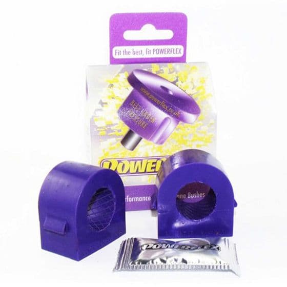 Purple polyurethane front anti-roll bar bushes in a pack of two, featuring a cylindrical shape with internal grooves, accompanied by a small packet of grease.