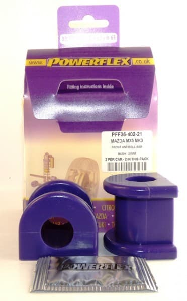 Purple polyurethane front anti-roll bar bushes, 21mm, packaged in a box with fitting instructions, includes two bushes and a small packet, designed for Mazda MX5 MK3.