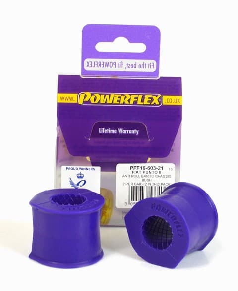 Purple front sway bar to chassis bushings for Lancia Delta Gen 1&2, featuring a durable material and designed for 21 mm sway bars, packaged with Powerflex branding.