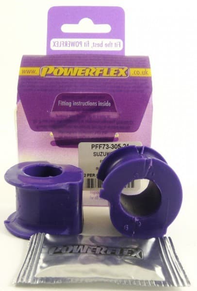 Purple polyurethane front anti-roll bar bushes, 21mm, packaged with fitting instructions, featuring a Powerflex logo and a small silver packet.