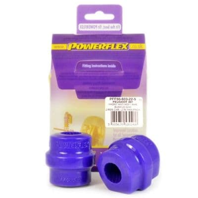 Purple polyurethane front anti-roll bar bushes, designed for 22.5mm diameter, packaged in a card with fitting instructions and labeled as Powerflex, positioned in a diagram.