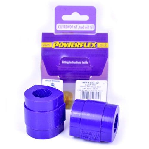 Purple polyurethane front anti-roll bar bushes, two pieces, with a square cutout, packaged with fitting instructions, labeled "Powerflex" and "22mm."