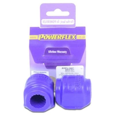 Purple rubber anti-roll bar bushes, designed for a 23.5mm diameter, packaged in a branded Powerflex card with a lifetime warranty label.