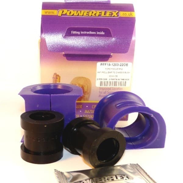 Purple and black anti-roll bar bushes, made of durable polyurethane, packaged with fitting instructions and a sachet of grease, labeled for position 3 on the diagram.