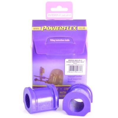 Purple polyurethane front anti-roll bar bushes, designed for a 25.5mm diameter, packaged in a branded box with installation instructions, highlighting their position on a diagram.