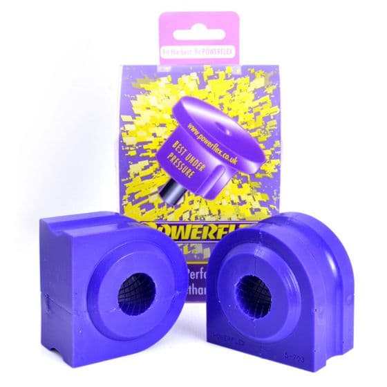 Purple polyurethane anti-roll bar bushes, shaped with a hollow center, displayed alongside branded packaging featuring bold yellow graphics and a prominent logo.