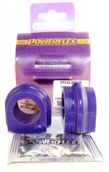 Purple polyurethane anti-roll bar bushes, designed for 25mm bars, with a packaging card displaying "Powerflex" and fitting instructions, alongside a small packet labeled "Powerflex."