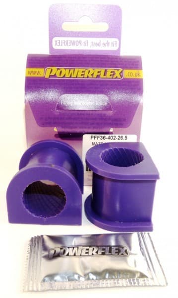 Purple polyurethane front anti-roll bar bushes, 26.5mm, packaged with a silver Powerflex logo sachet, featuring a clear label and a diagram reference for installation.