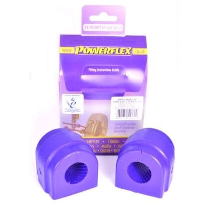 Purple polyurethane front anti-roll bar bushes, 27mm, packaged in a clear plastic with a purple header card, featuring fitting instructions and Powerflex branding.