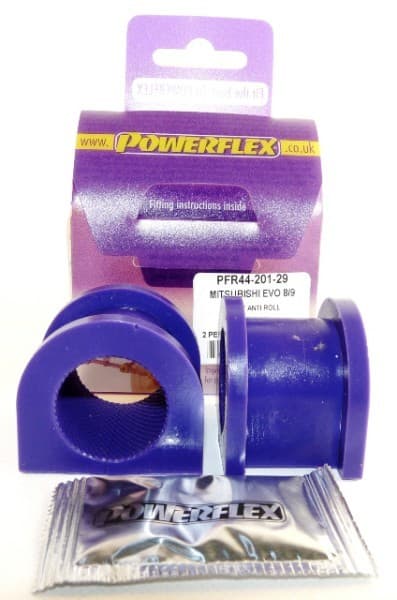 Purple polyurethane front anti-roll bar bushes, labeled PFR44-201-29, packaged with fitting instructions and a sachet of grease, designed for Mitsubishi Evo 8/9.
