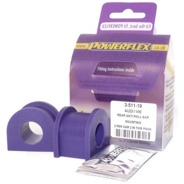 Purple polyurethane rear anti-roll bar bushes, 19mm, packaged in a box with fitting instructions, featuring a label with product details and a small sachet included.